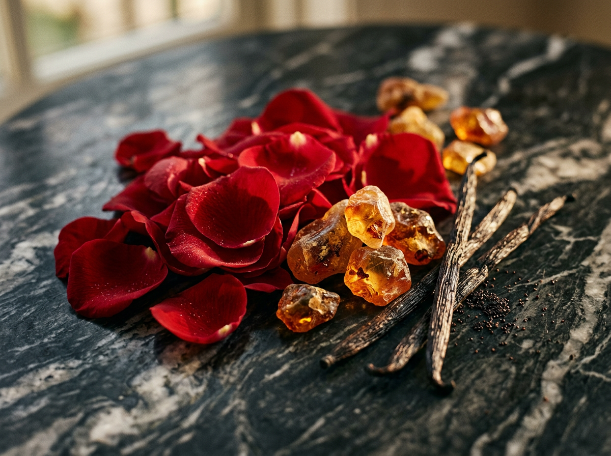 Artisanal fragrance ingredients including dark wood and white flowers