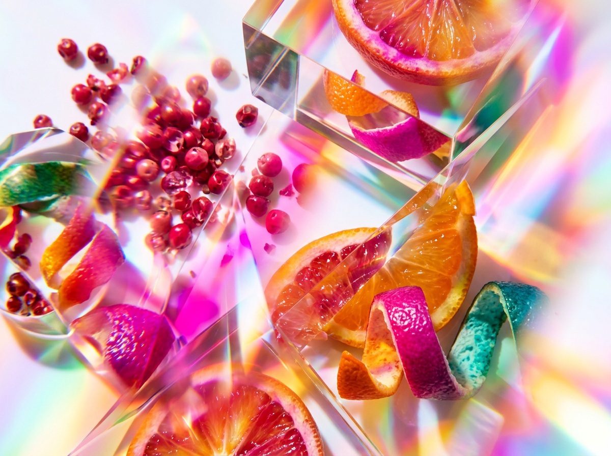 Close up of botanical ingredients like plum and cocoa beans