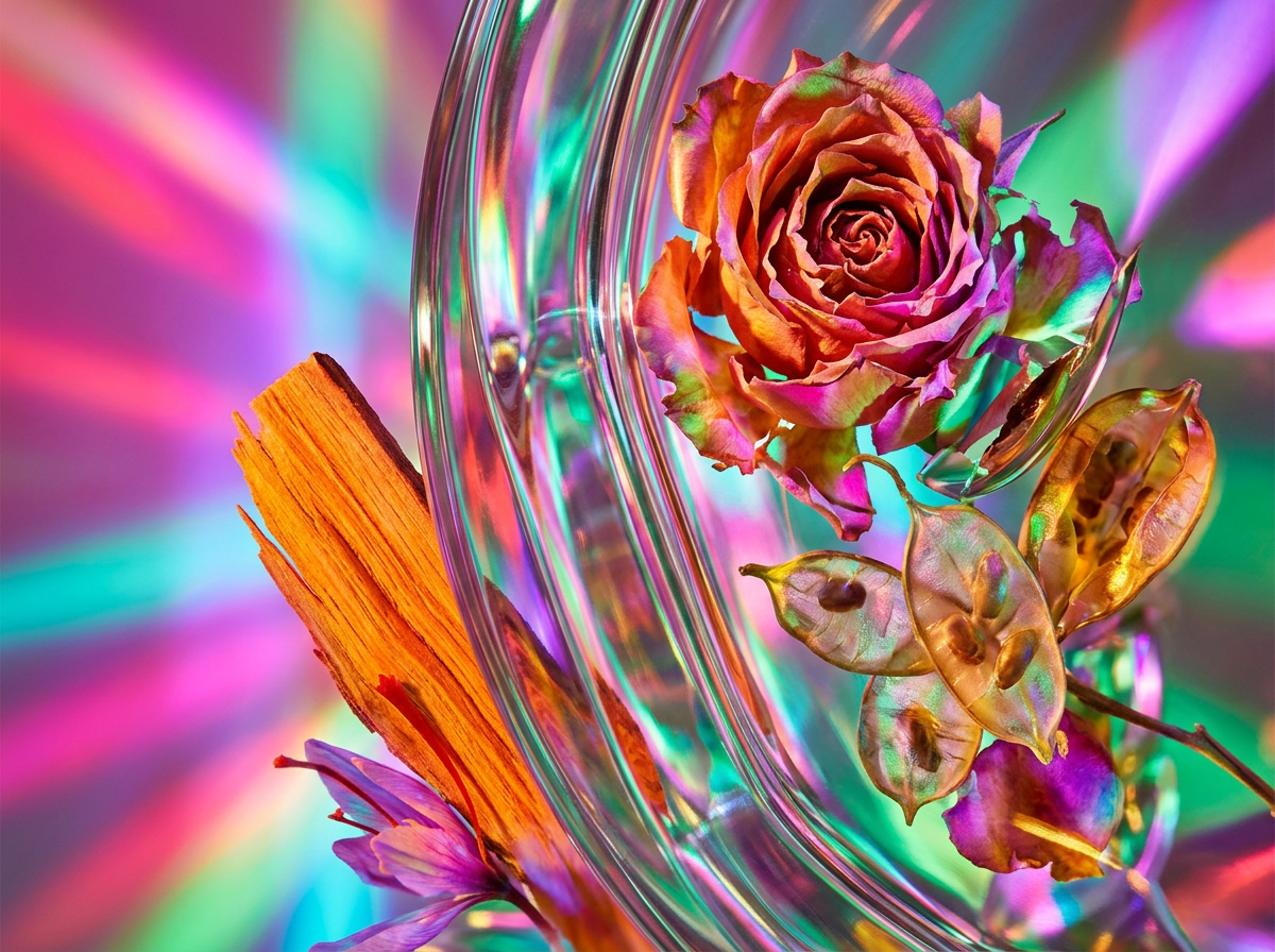 Micro-shot of dew drops on rose petals representing the dewy freshness of the perfume