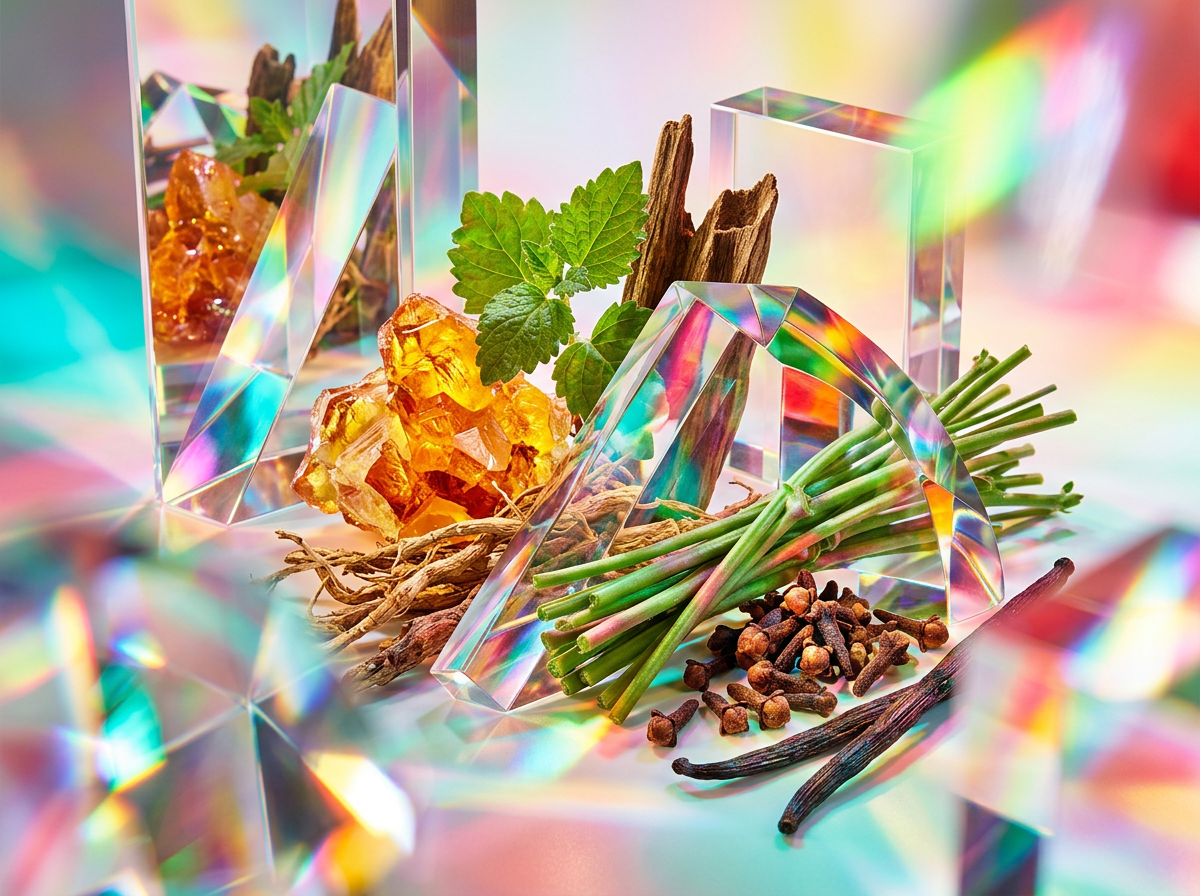 Summer flatlay featuring tropical fruits and artisanal perfume bottles