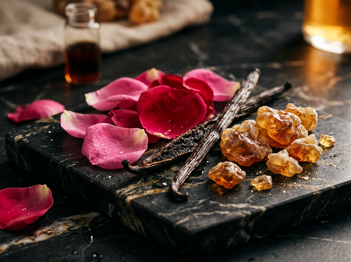 Close up of artisanal perfume ingredients including tonka beans and green herbs