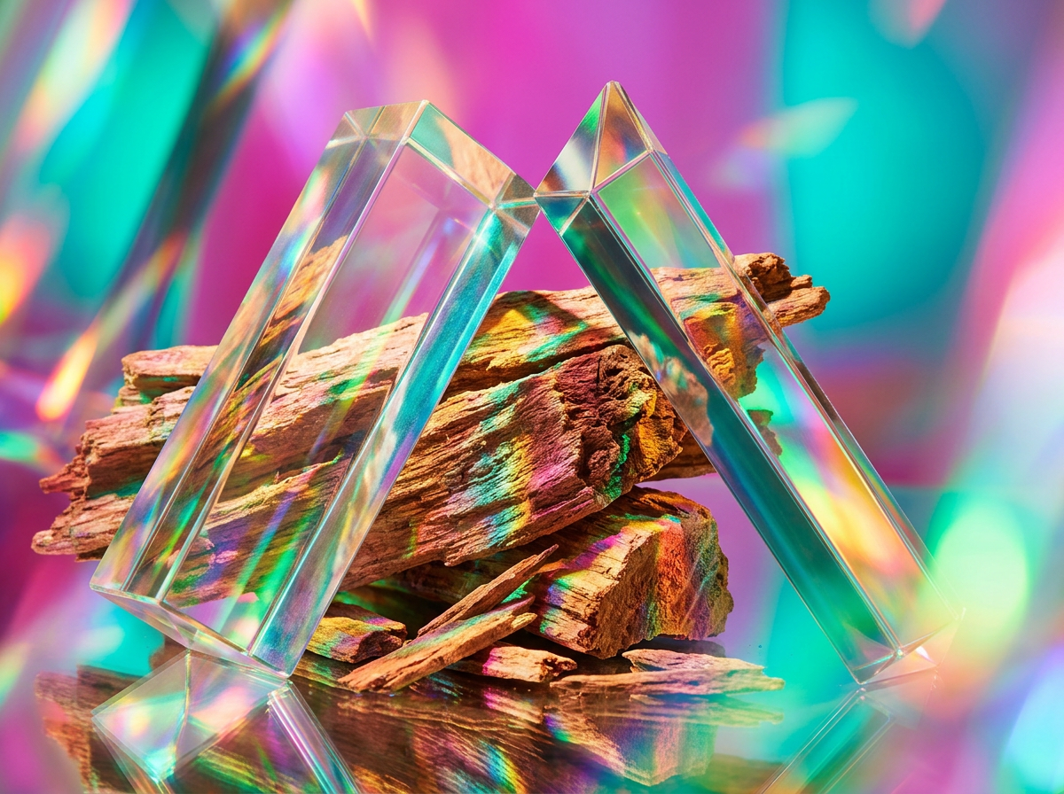 Glass perfume bottles on a wooden surface surrounded by white petals