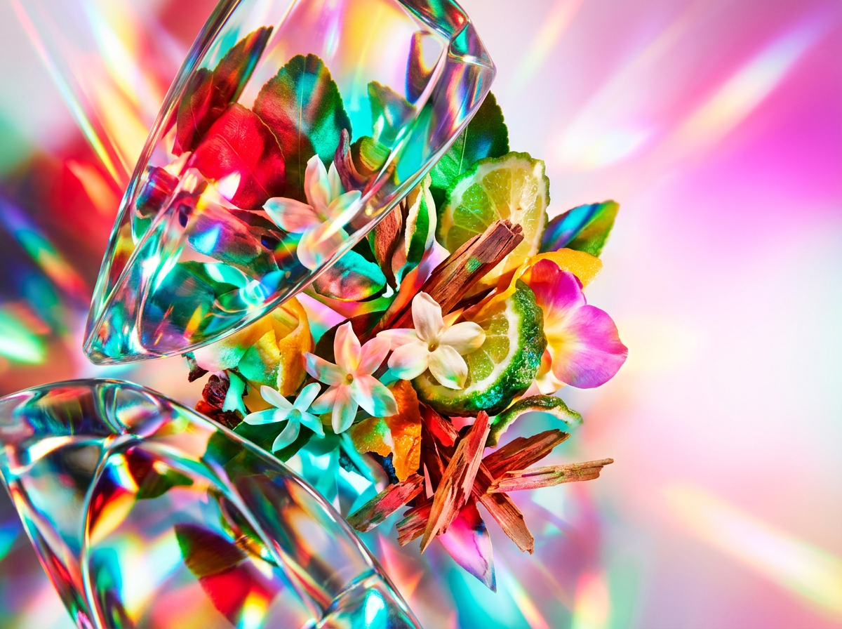 Hand-crafted glass perfume bottles reflecting the bright summer sunlight