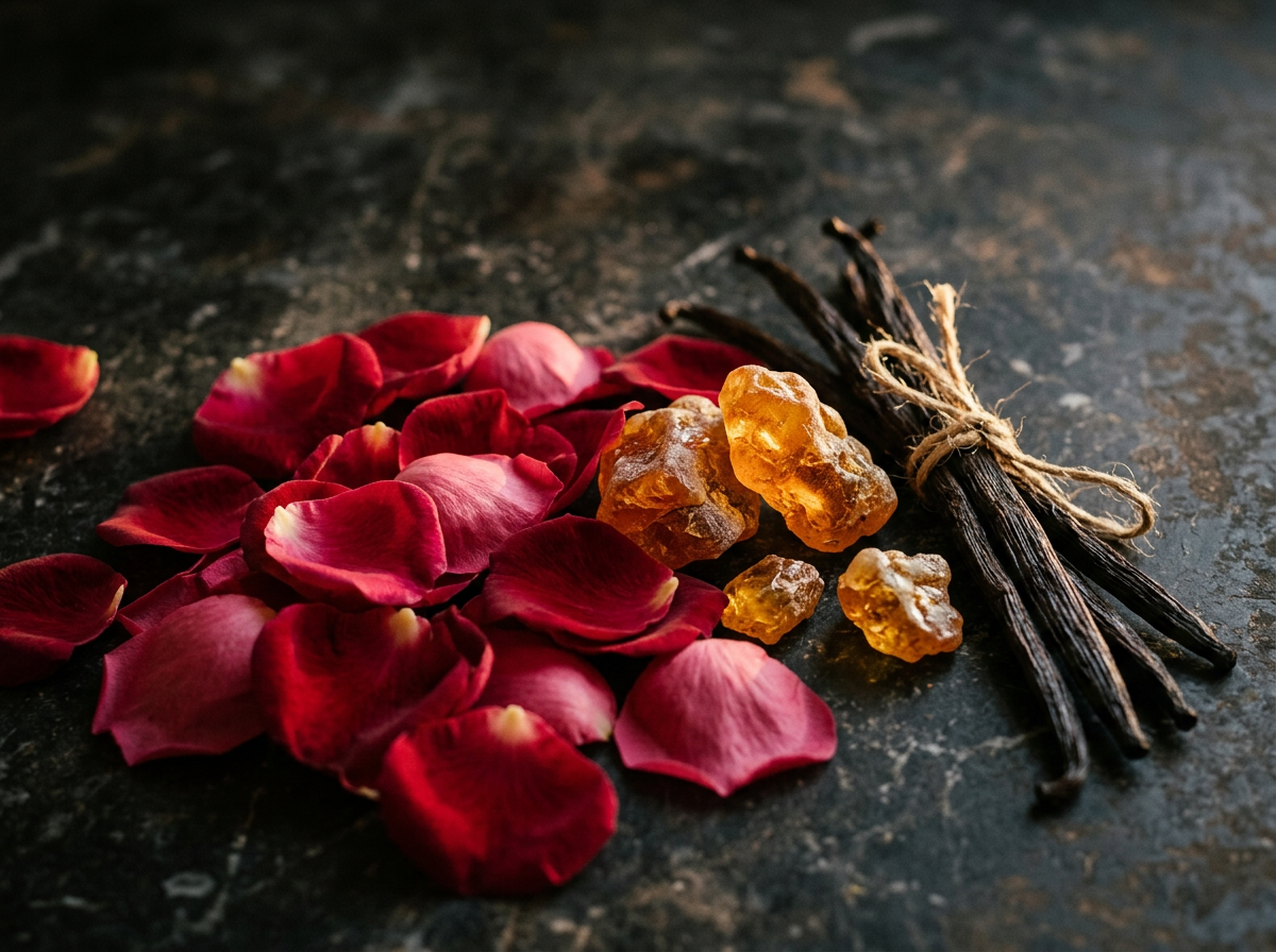 Perfumer blending citrus and floral essences in a glass beaker