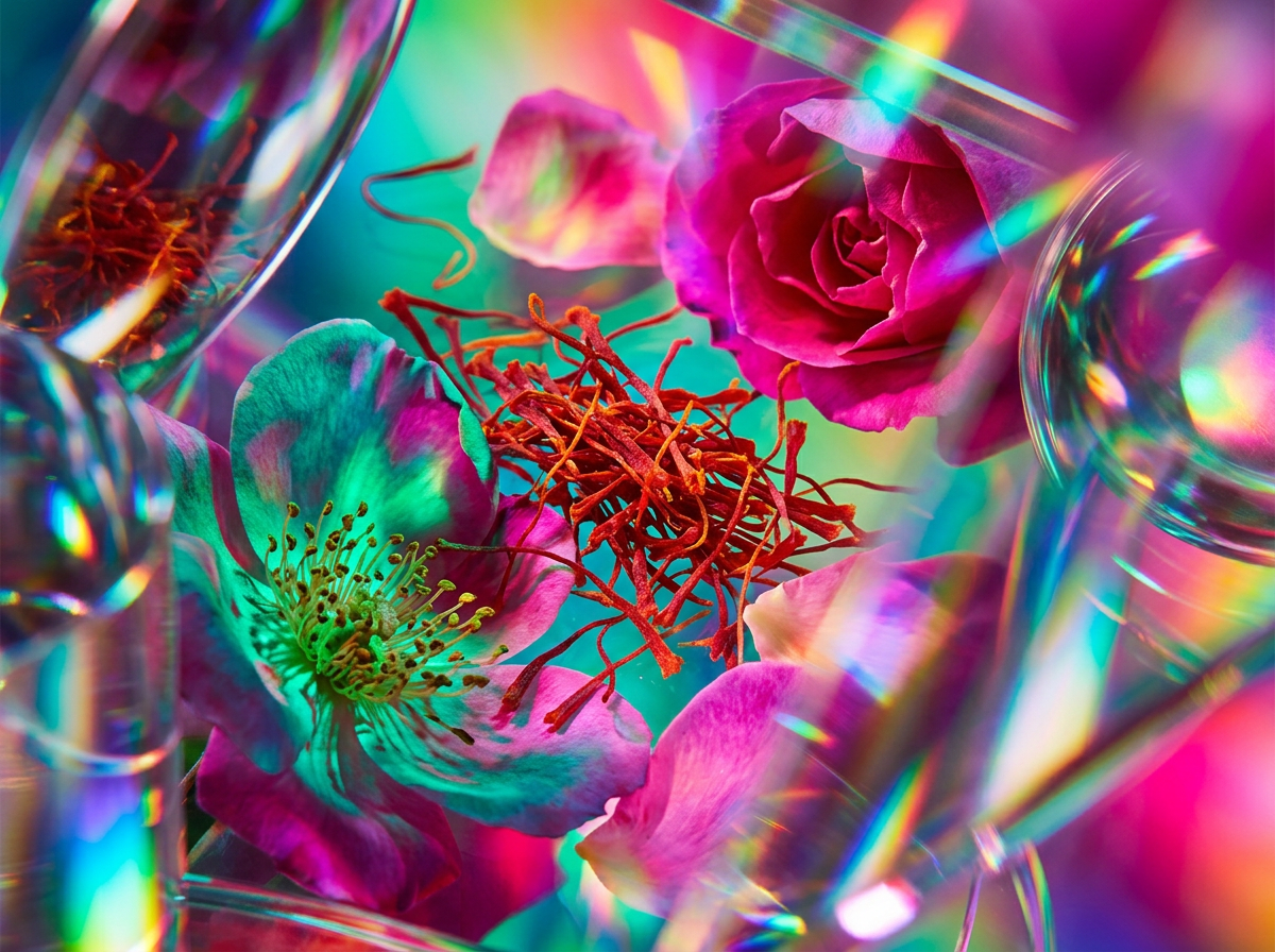 Comparison of evening fragrances including rose and oud notes on a marble surface
