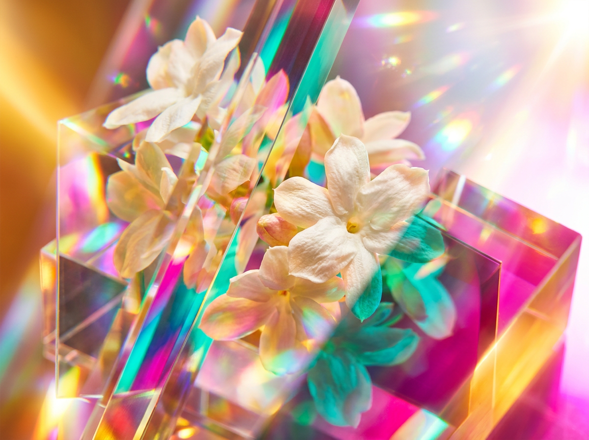 A perfume bottle next to fresh plums and tulips