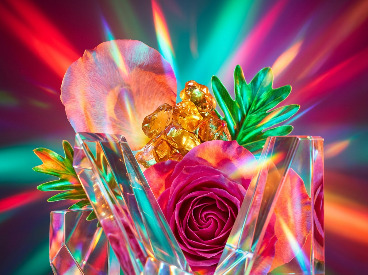 Natural ingredients including sliced pears and rose petals for fragrance making