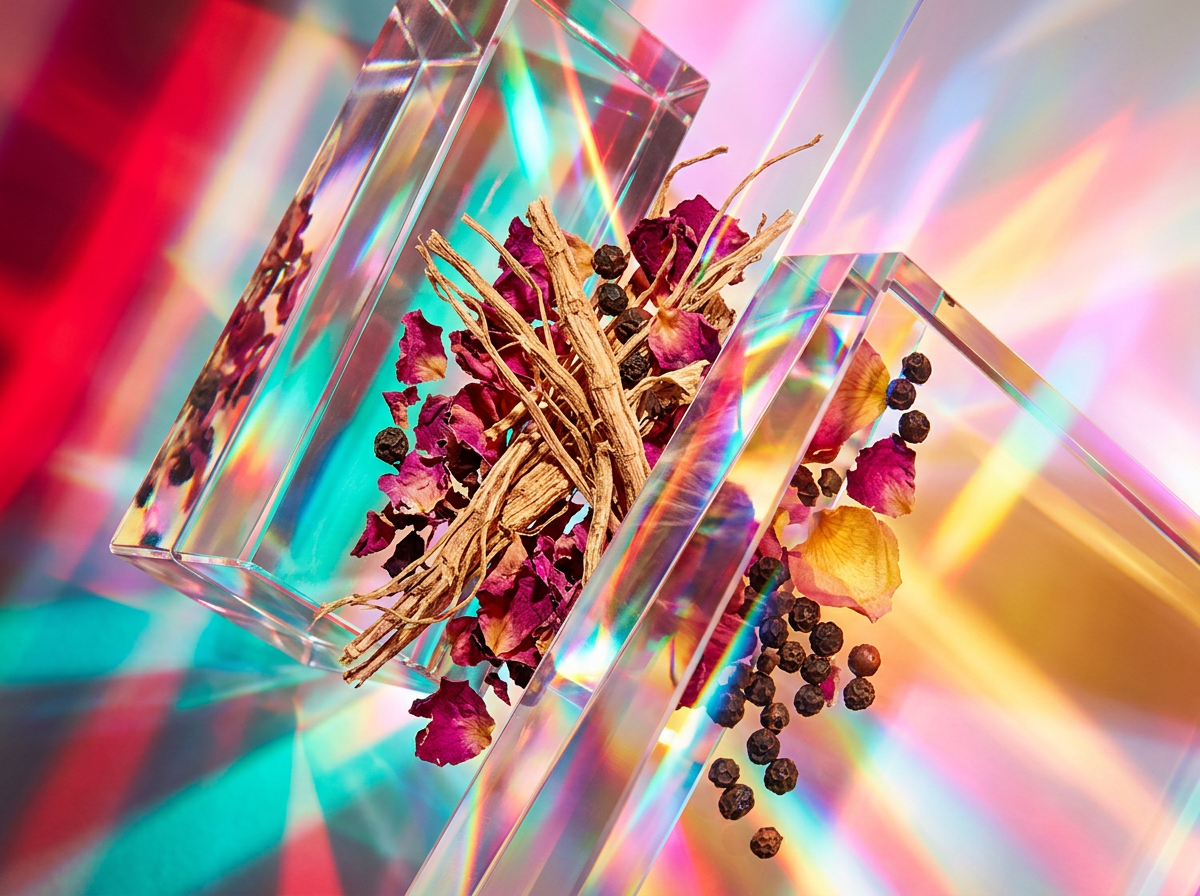 Close up of artisanal fragrance ingredients like blackberry and oakwood