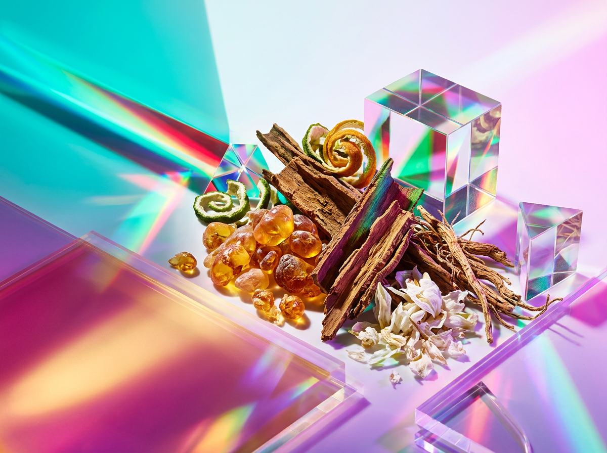 Close up of botanical ingredients and fragrance oils