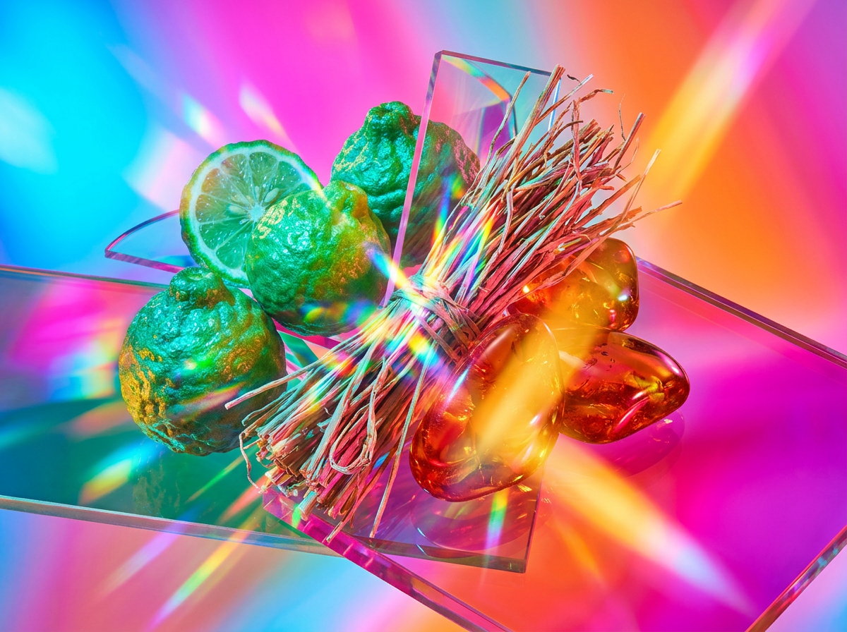 Close up of perfume ingredients including rose and citrus