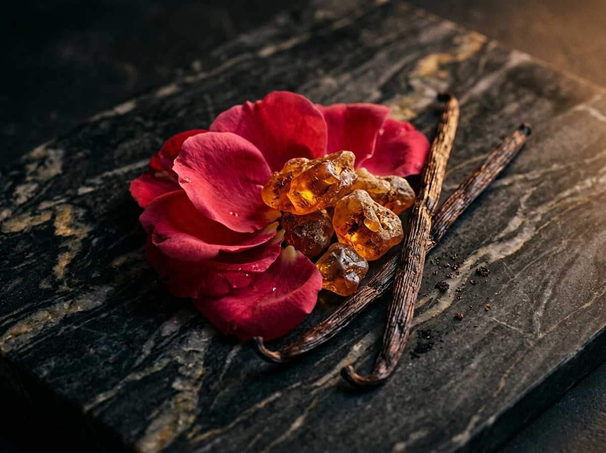 Close up of Black Tulip perfume bottle on a dark wooden surface