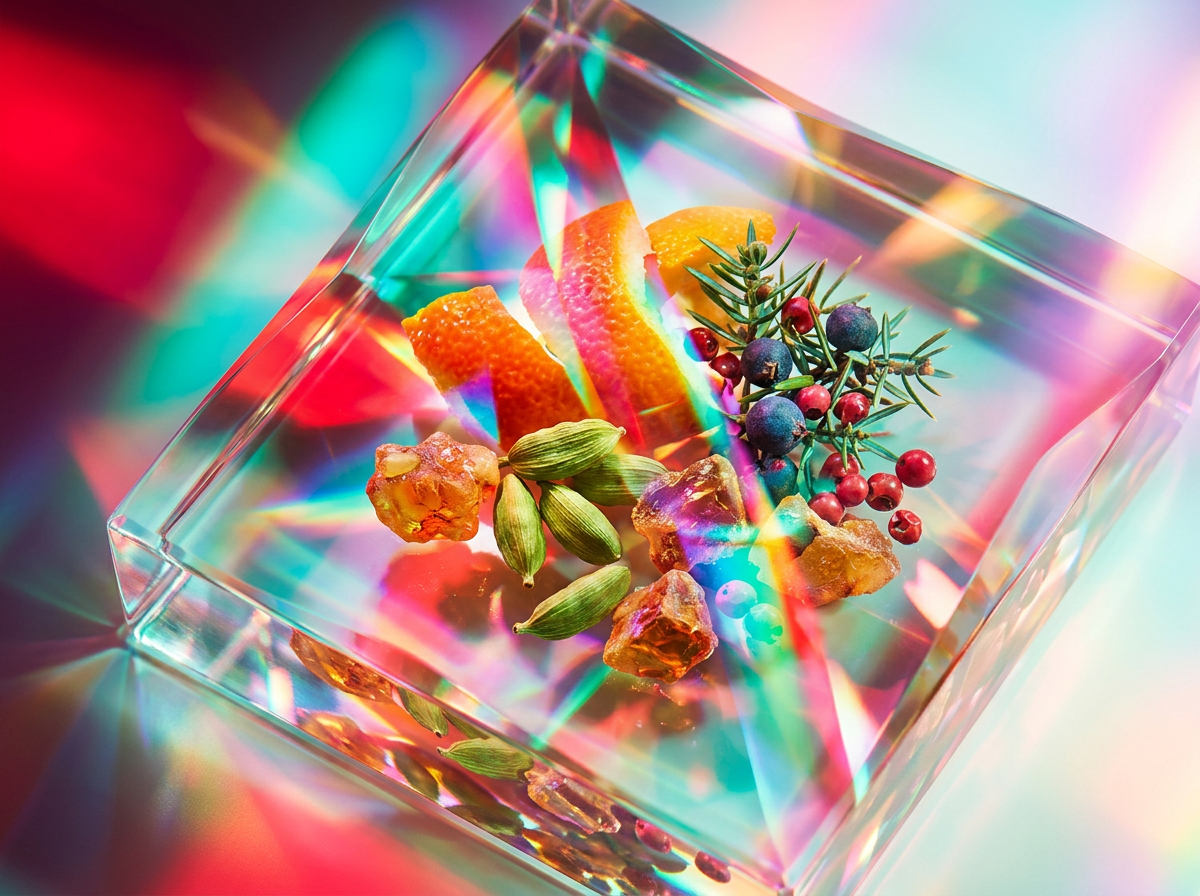 A collection of fresh green citrus and artisanal perfume bottles
