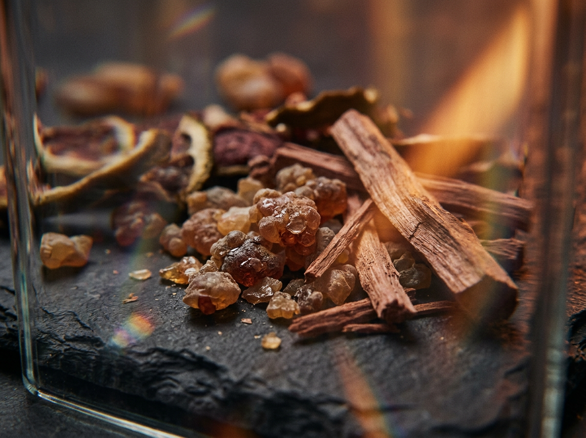 Close up of dark plums with vanilla beans and wood, representing fragrance notes