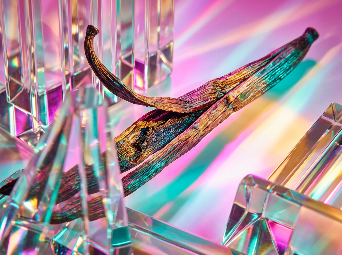 Detailed shot of botanical ingredients and glass perfume bottles