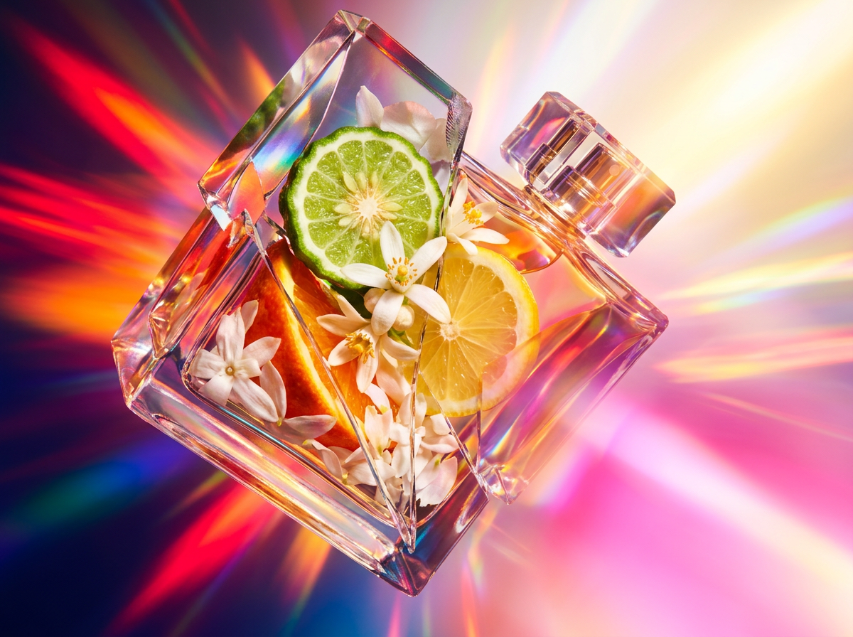Fragrance bottles on a vanity with sunlight streaming through a window