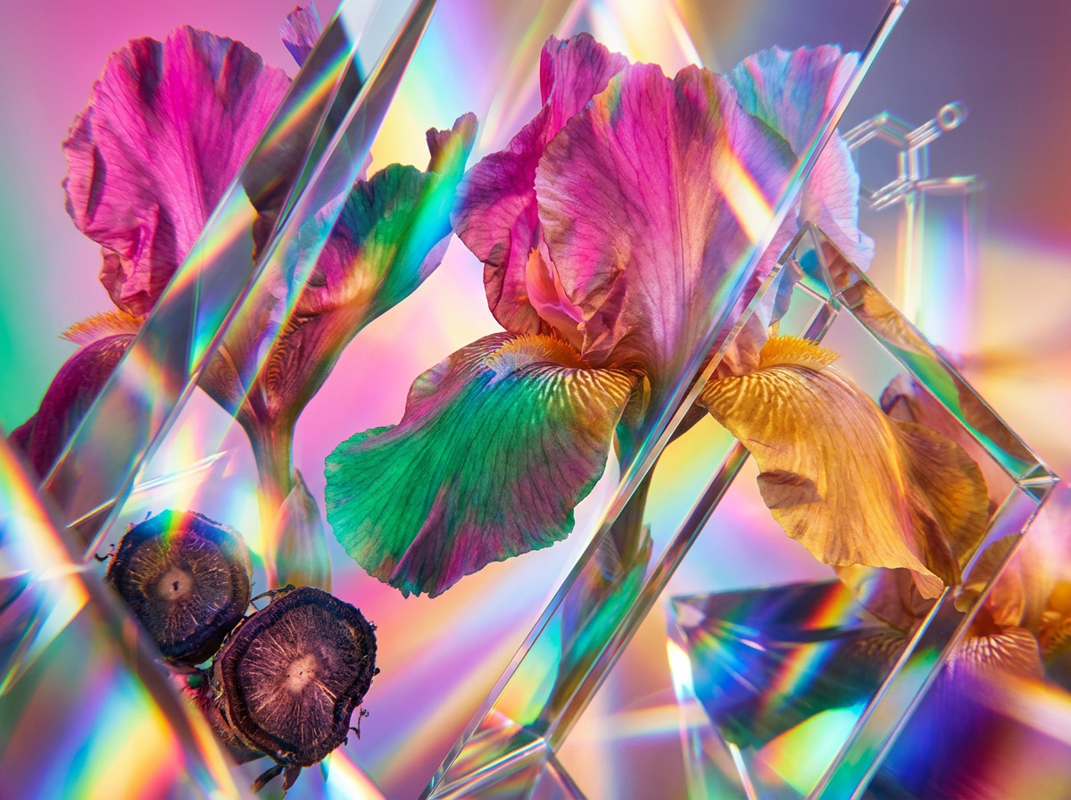 Botanical ingredients including green leaves and raindrops reflecting a transparent scent profile