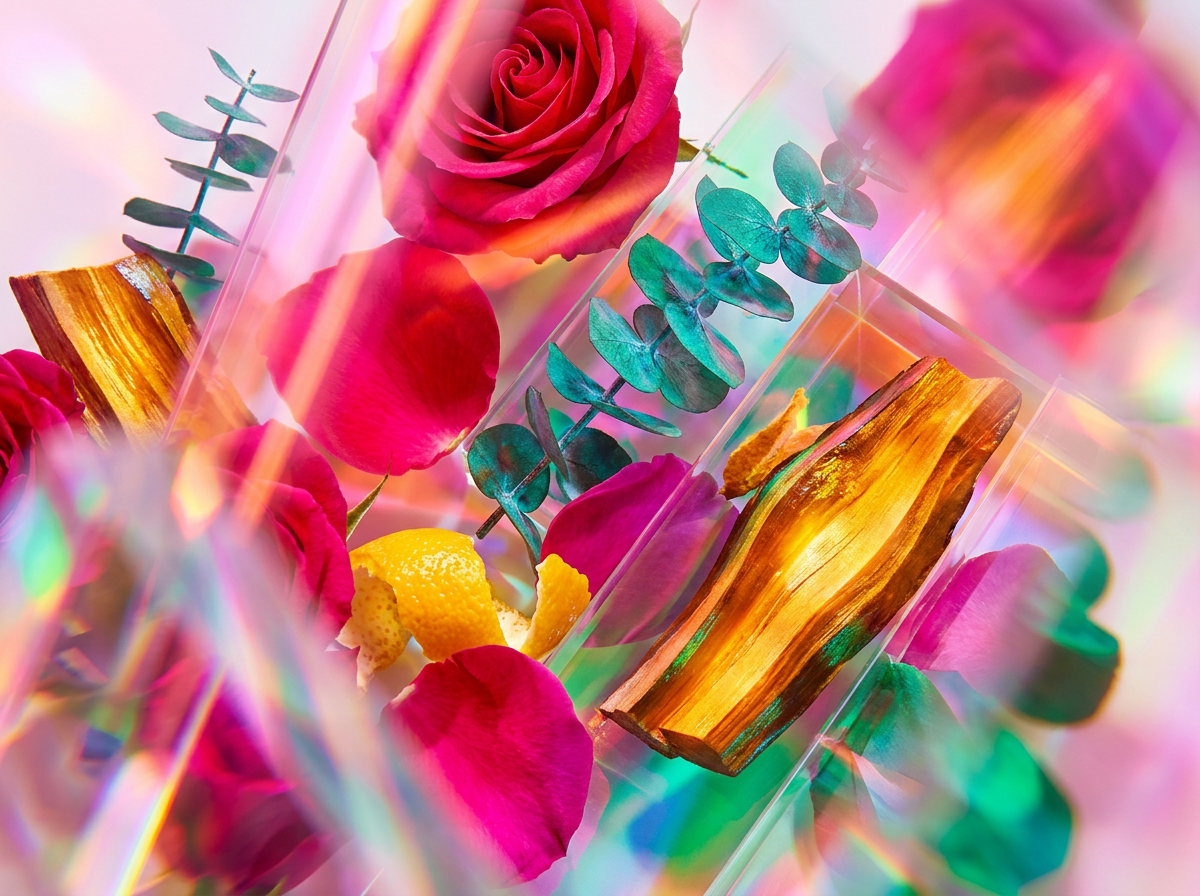 Artisanal fragrance bottles on a marble surface with flower petals
