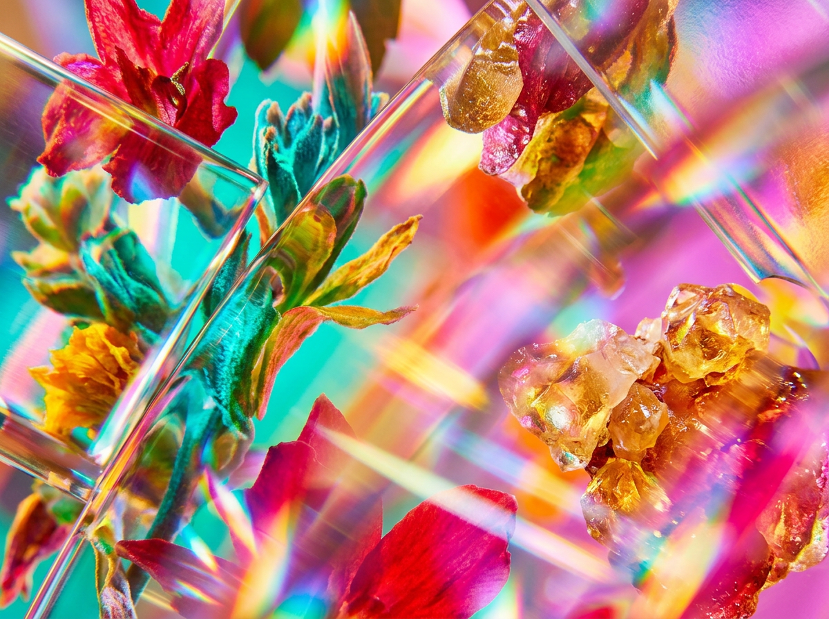 Close up of artisanal fragrance ingredients like sandalwood and rose petals