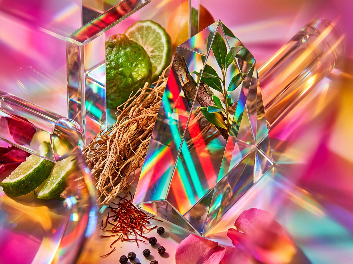 Stylized ingredients representing the complex notes found in oud and dark floral fragrances