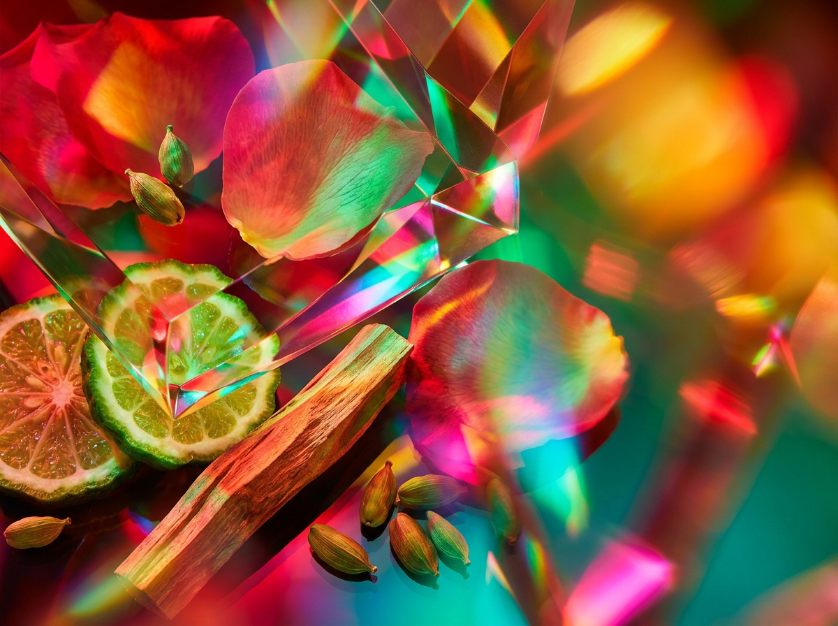 Fresh ingredients like rose and citrus used in natural spray fragrances