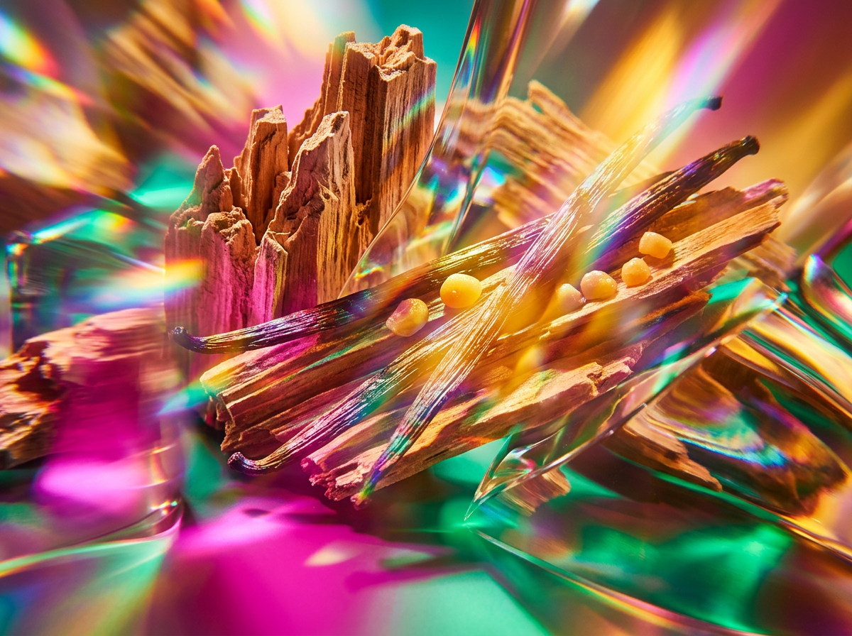Detailed shot of fragrance ingredients like blackberries and oud wood