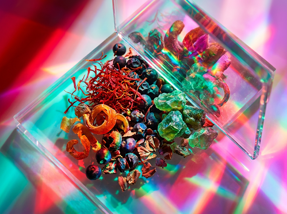 Bottles of Shay & Blue perfume arranged artistically among botanical elements