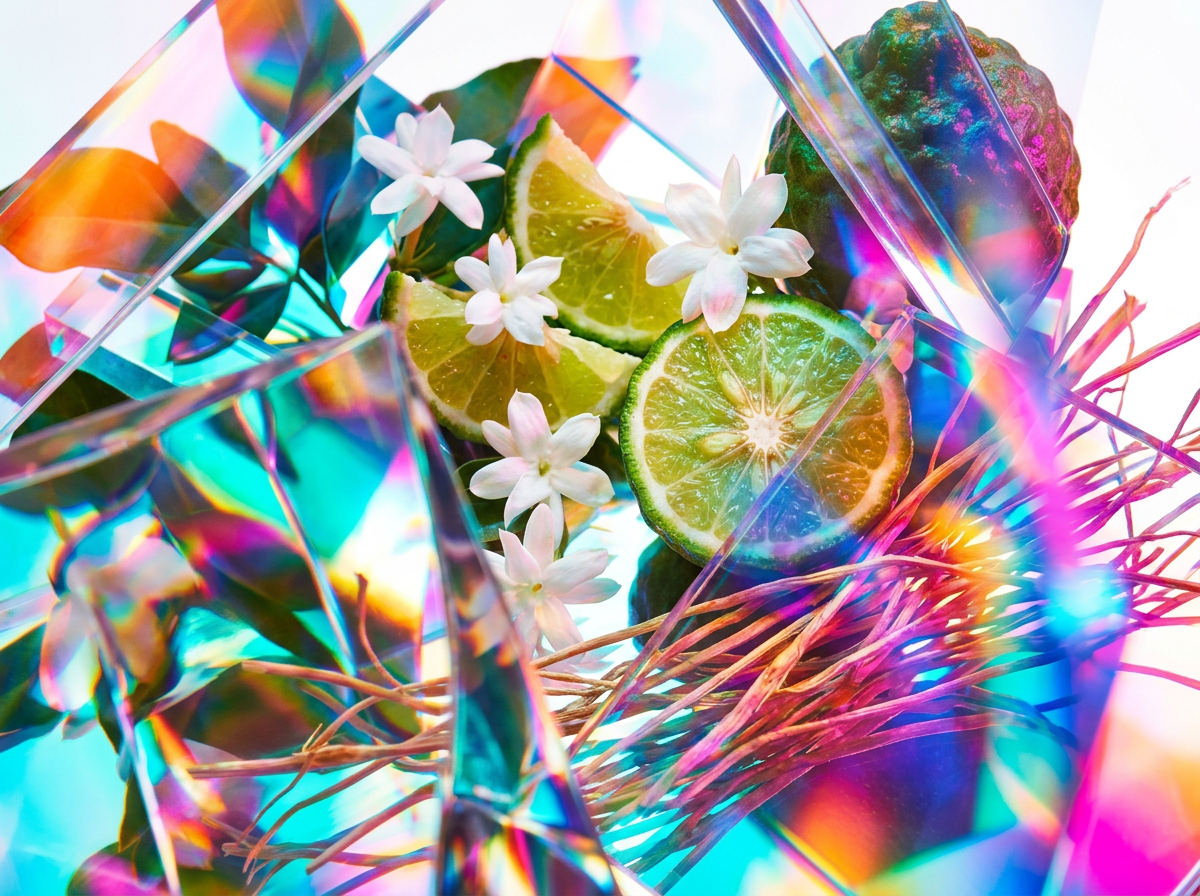 A lifestyle shot of a perfume bottle next to a fresh glass of water and botanical leaves