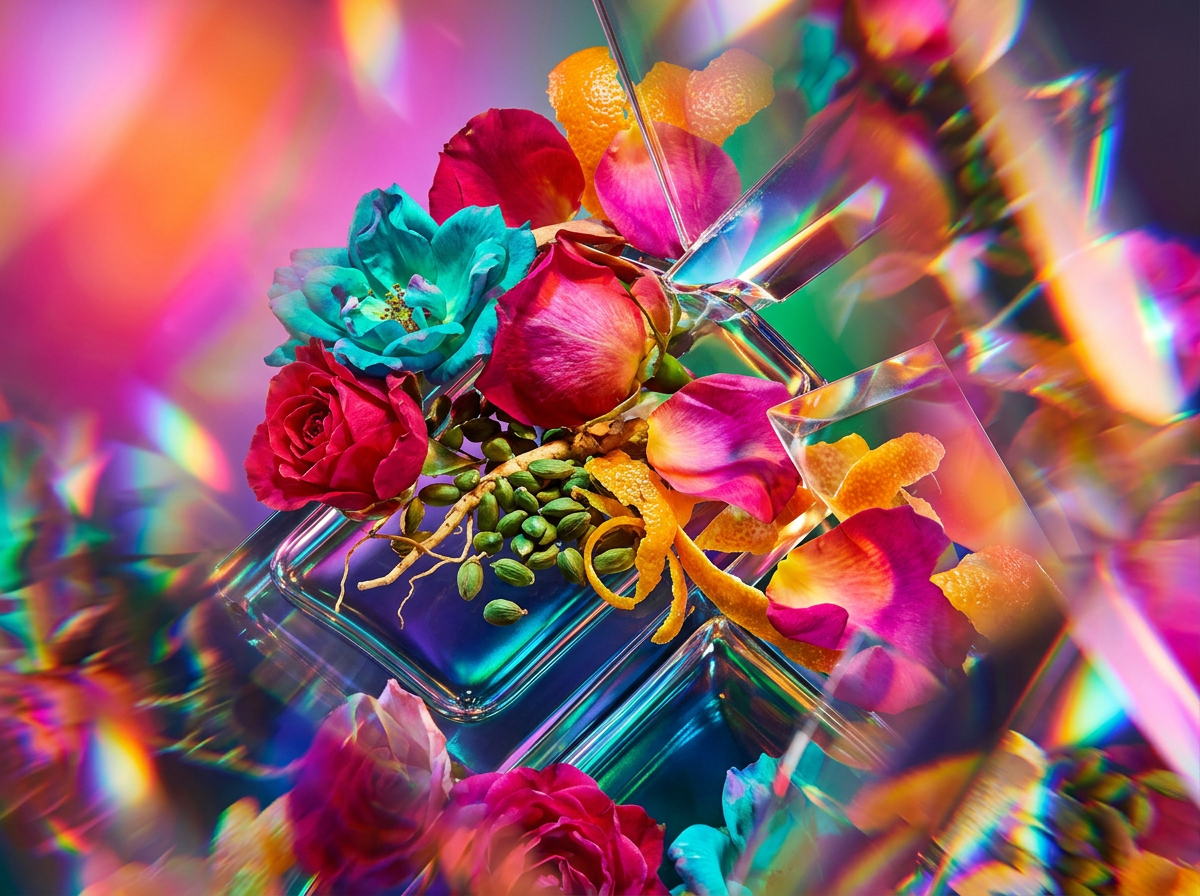 Close up of luxury perfume ingredients including amber and fresh apple blossoms