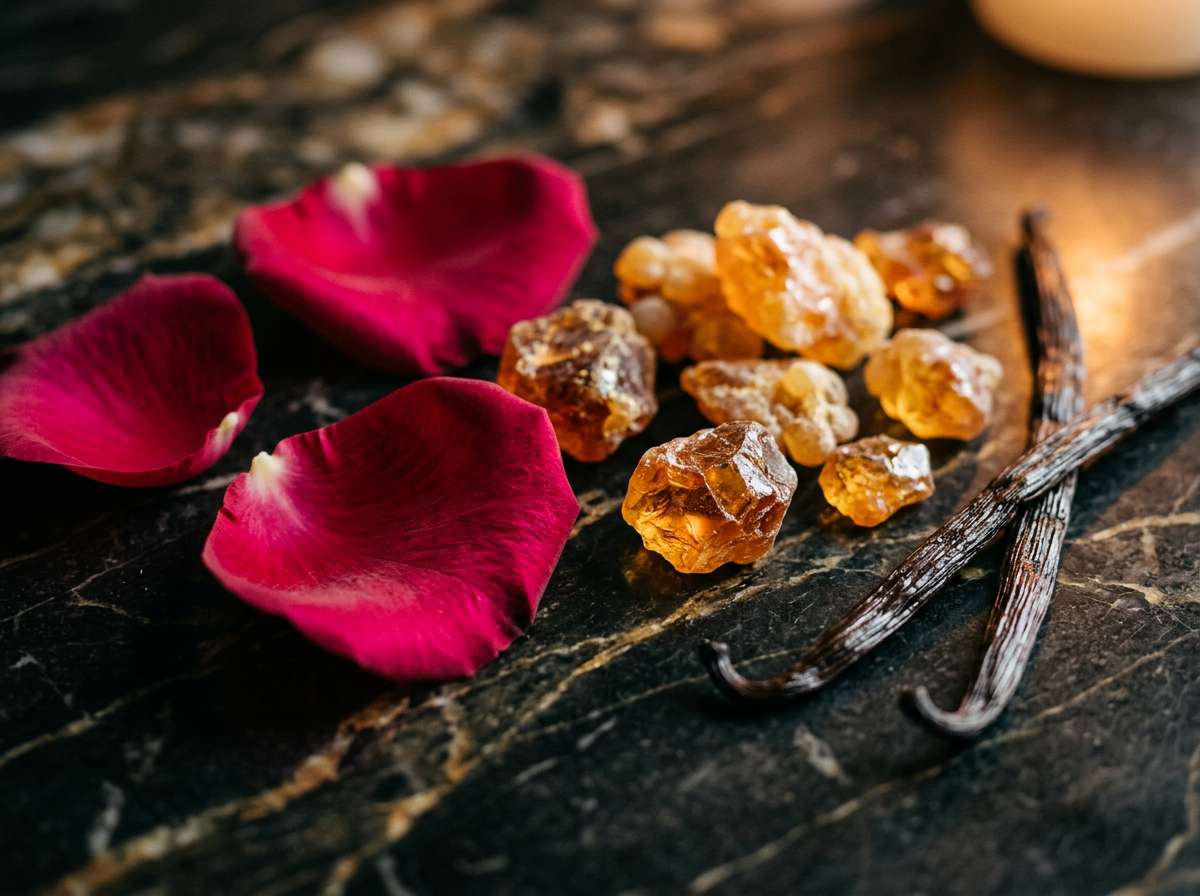 Close up of botanical ingredients including rhubarb and sandalwood