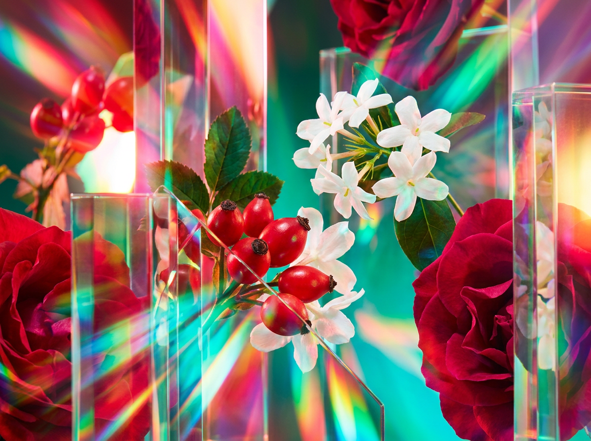 Close up of dew drops on rose petals and fresh berries