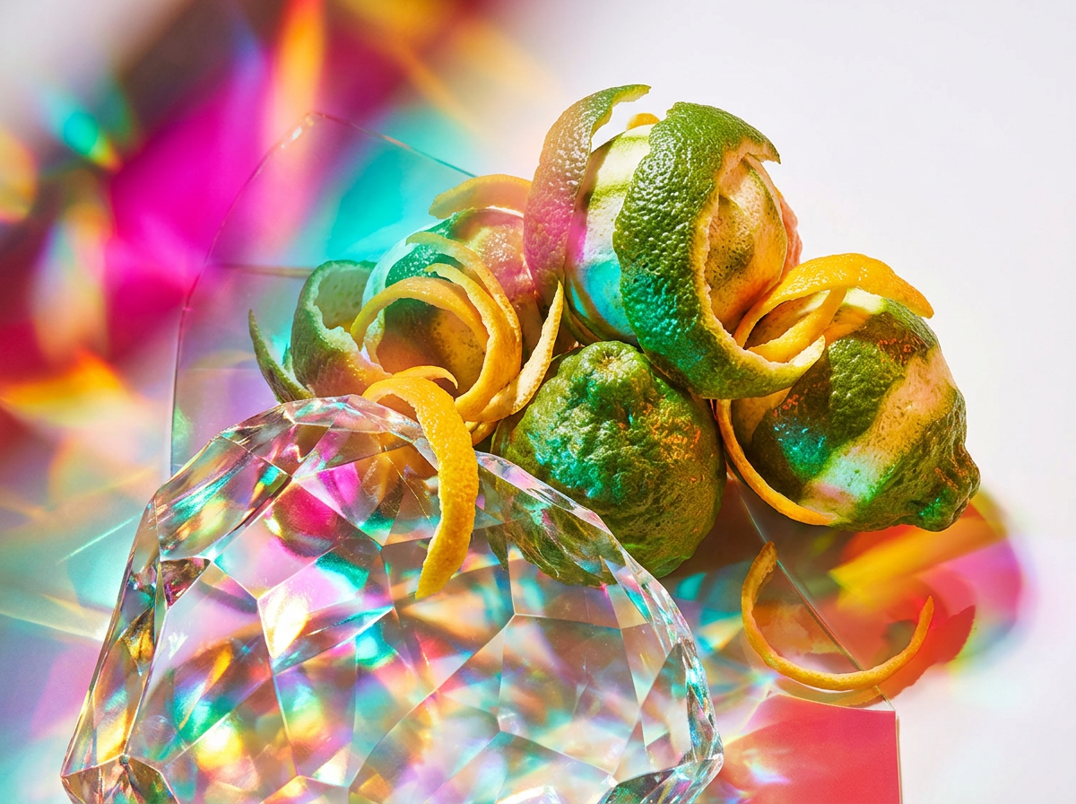 Close up of artisanal fragrance bottles and botanical ingredients