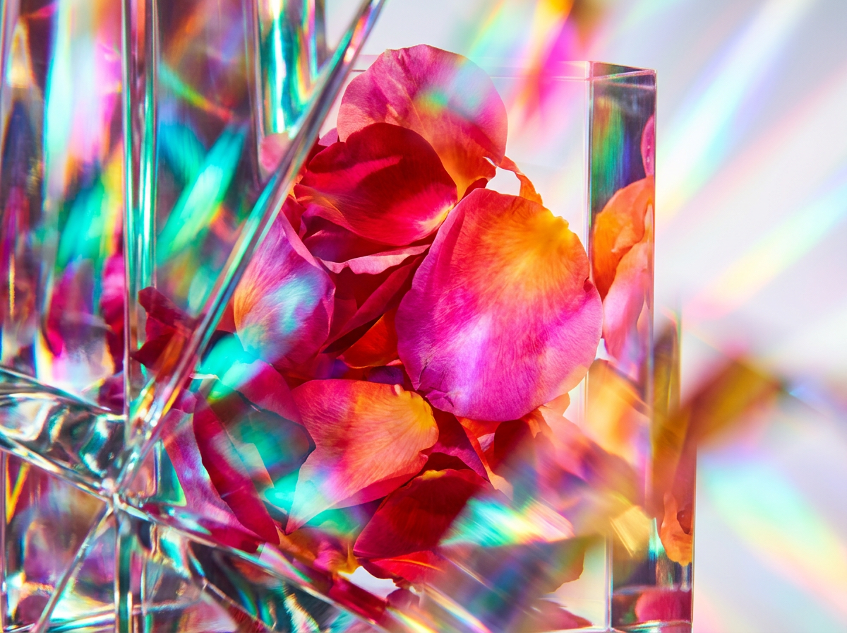 Perfume ingredients including spices, precious woods, and rose petals