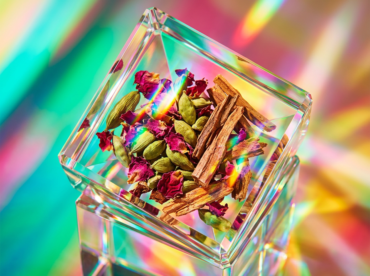 Artisanal perfume bottles on a wooden table with botanical elements