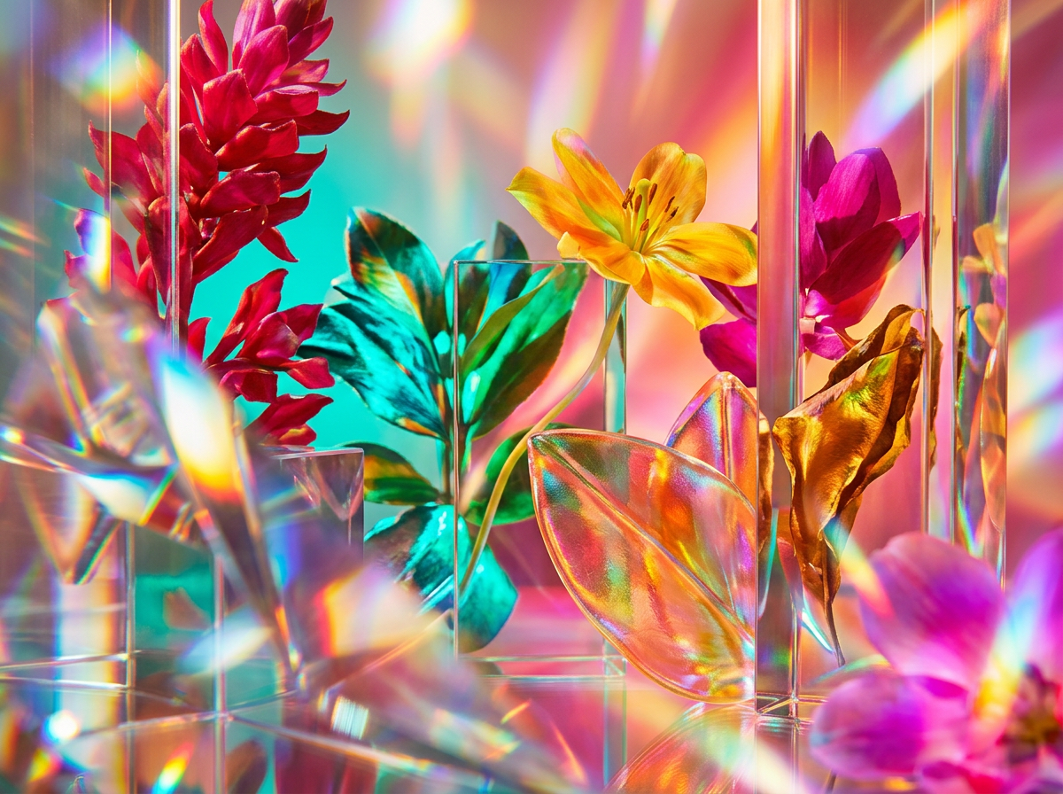 Closeup of dew on a rose petal with a perfume bottle in the background