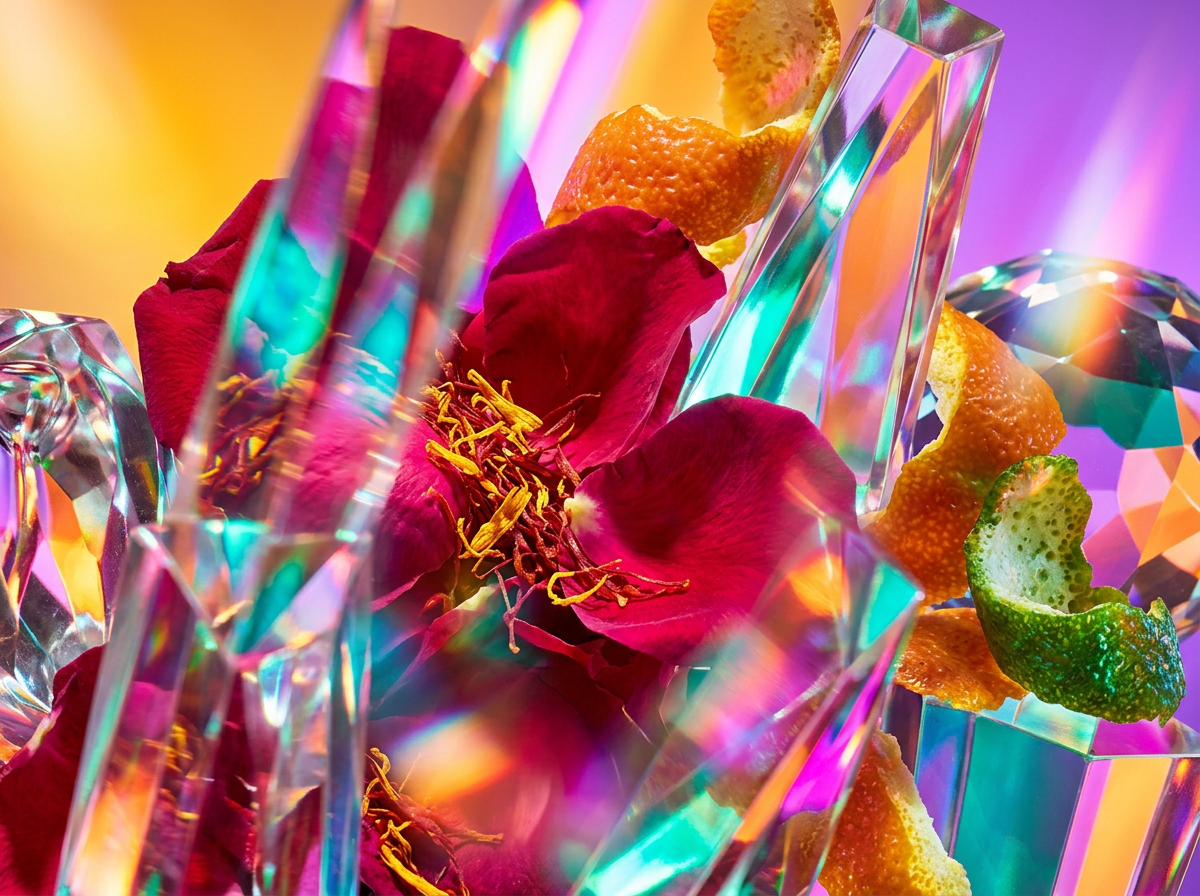 A close up of pink roses and perfume ingredients representing natural artisanal fragrance
