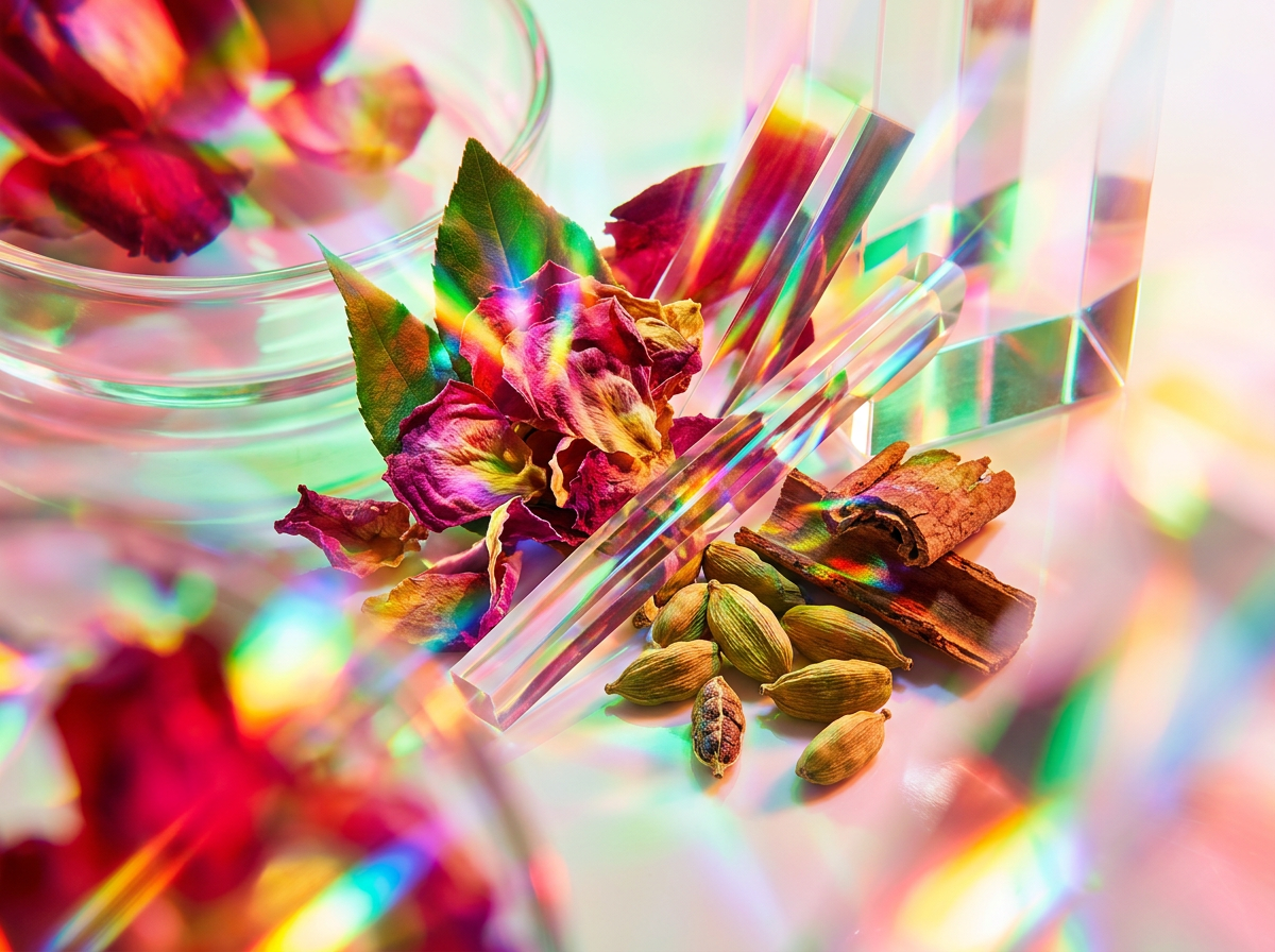 Close up of fragrance ingredients like citrus fruits and green leaves