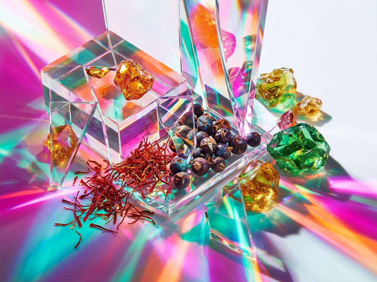 Natural ingredients and perfume bottles showing botanical purity