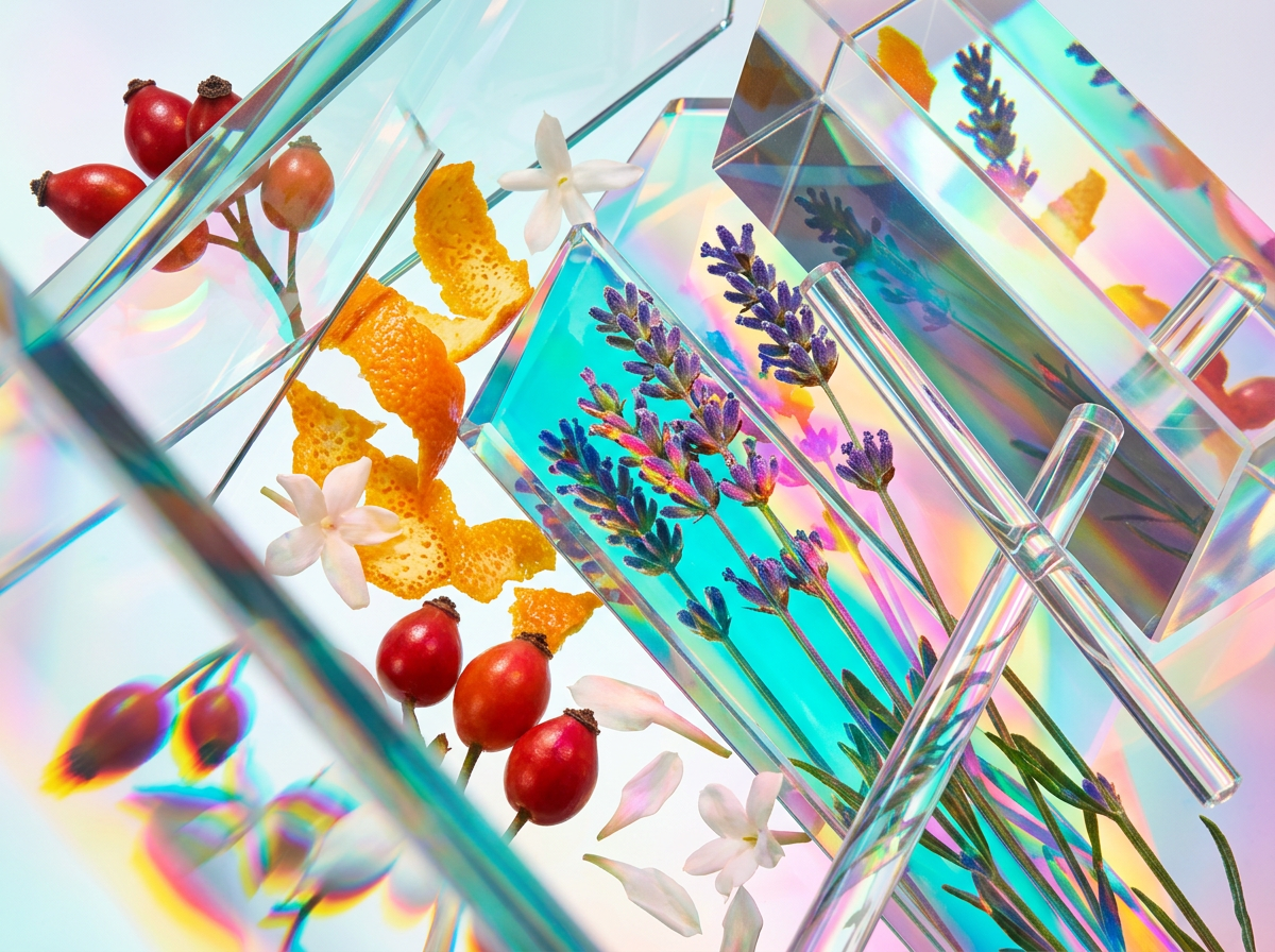 Hand-crafted perfume bottles on a wooden table with botanical ingredients