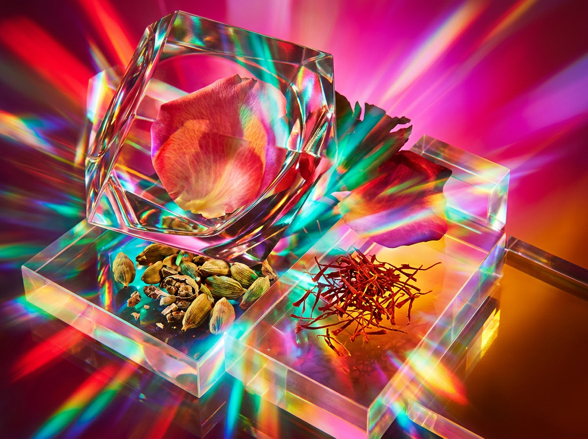 Close up of fragrance ingredients like citrus fruits and dark berries