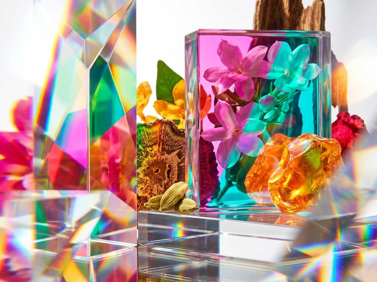 Close up of luxury perfume ingredients like dark chocolate, oud wood, and dried berries