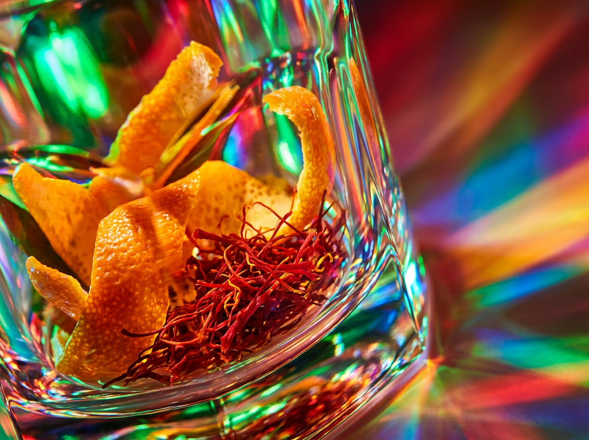 Close up of artisanal perfume ingredients and glass bottles