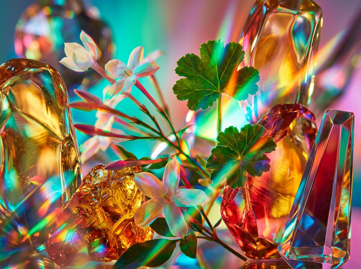 Close up of coffee beans and white orchids, representing the notes of gourmand perfumery