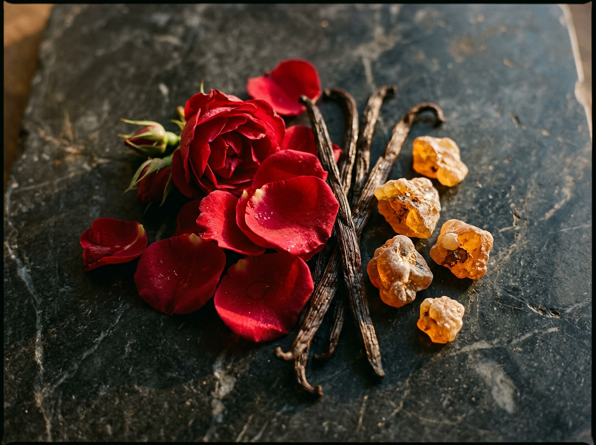 Artisanal fragrance bottles with dark plum accents
