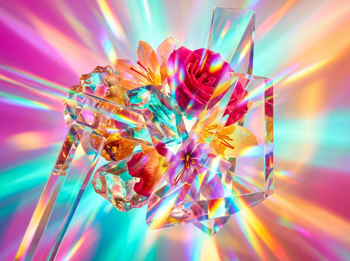 Close up details of botanical ingredients and clear glass perfume bottles showing the artisanal craft of fragrance.