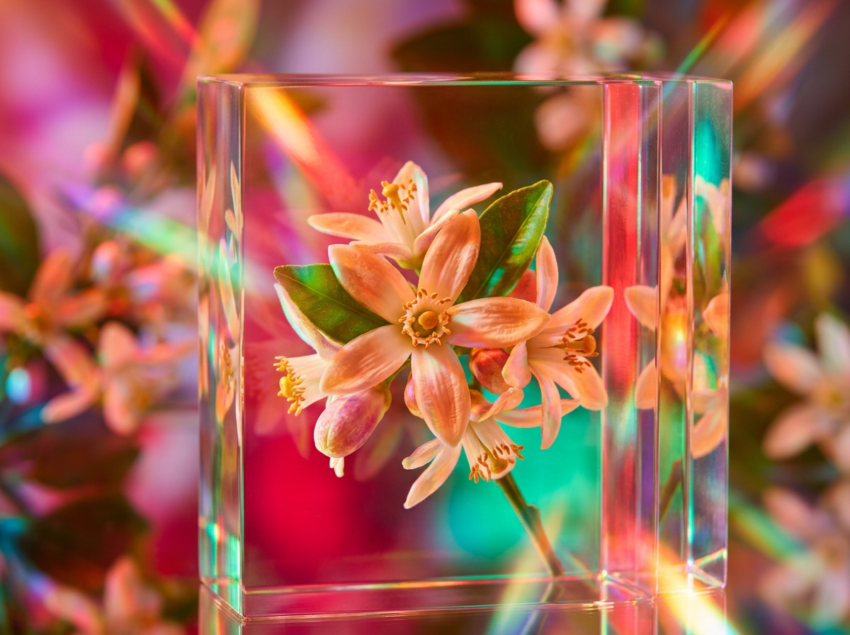 Close up of autumnal botanicals and Shay & Blue fragrance bottles