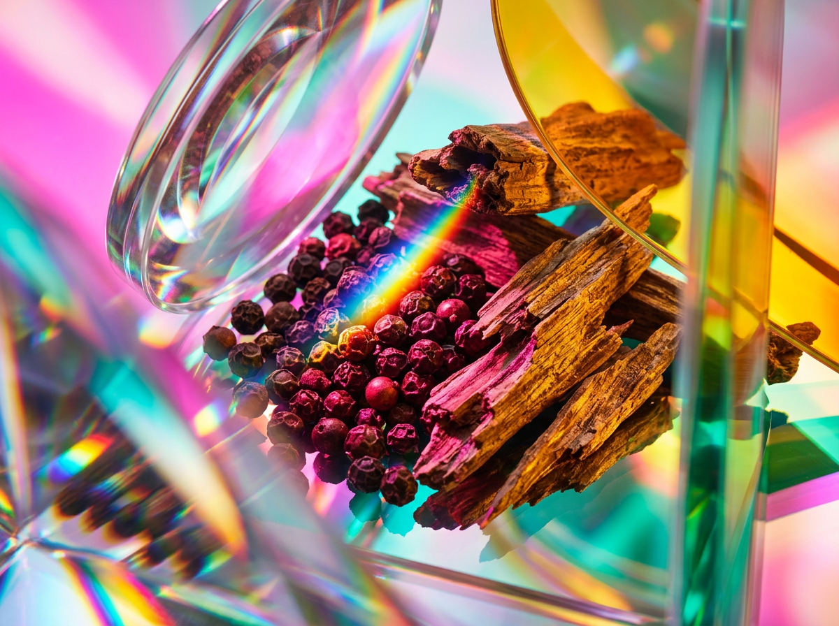 Close up of botanical ingredients and a fragrance bottle