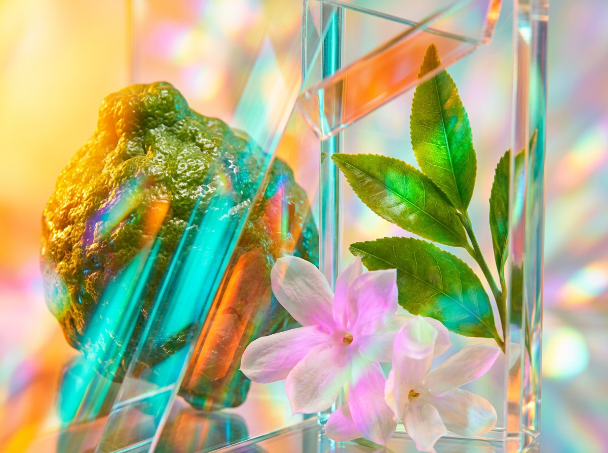 Fresh ingredients like lime and herbs representing a balanced, non-sweet fragrance profile