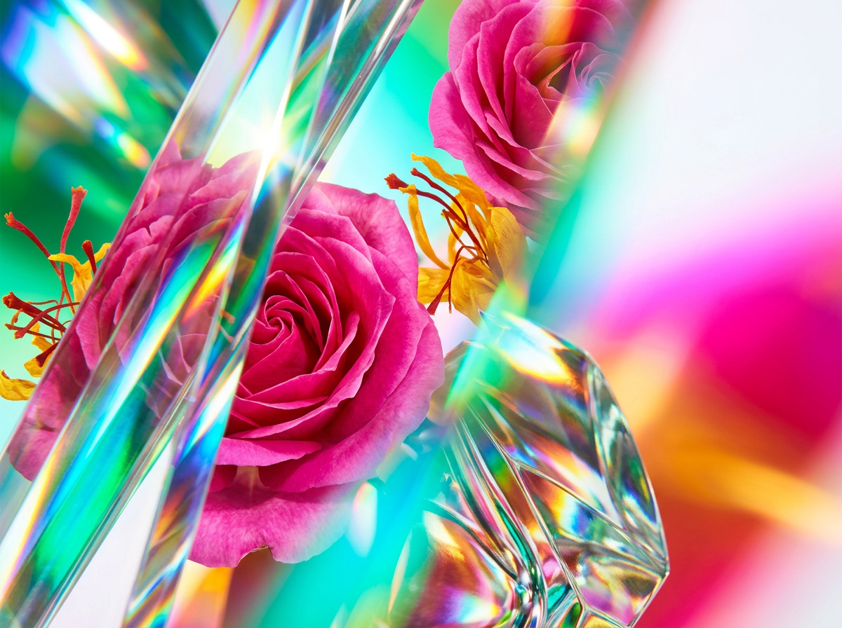 Close up of artisanal fragrance bottles and botanical ingredients