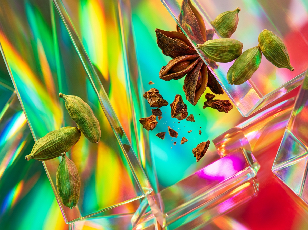 An artisanal perfume lab showing natural ingredients and glass bottles