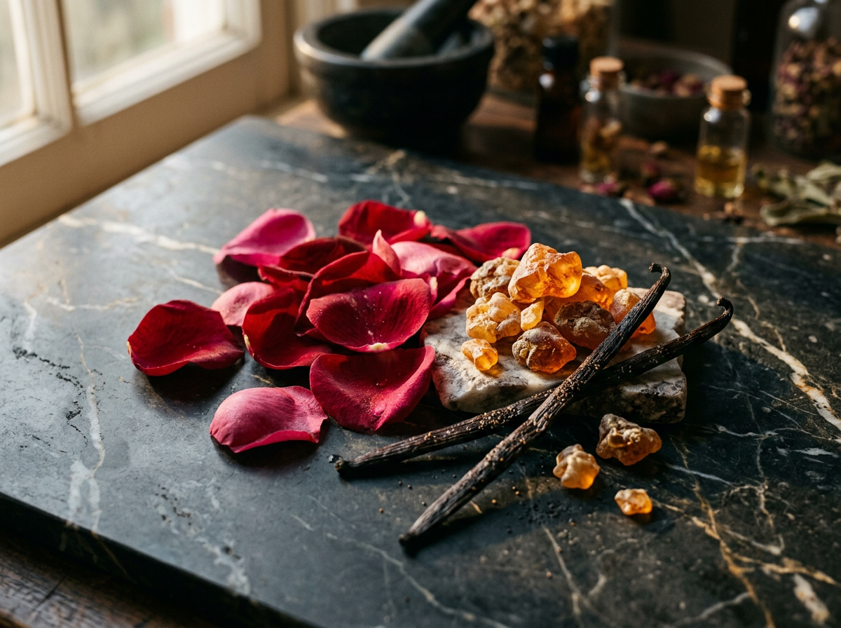Natural ingredients including tonka beans and green leaves